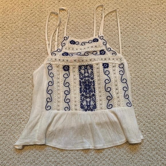 Women’s Bohemian White Tank with Blue Design - Picture 1 of 3